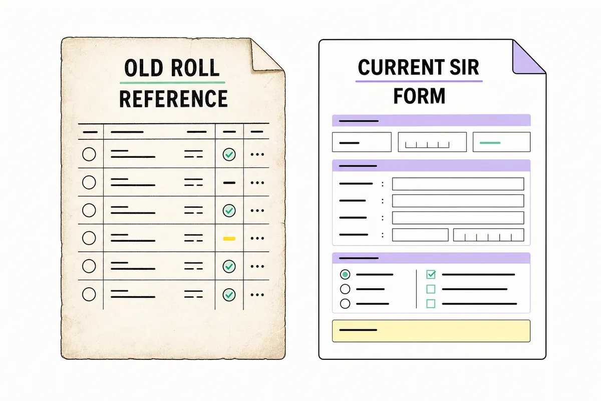 Editorial comparison of an old Haryana electoral roll reference and a current SIR form