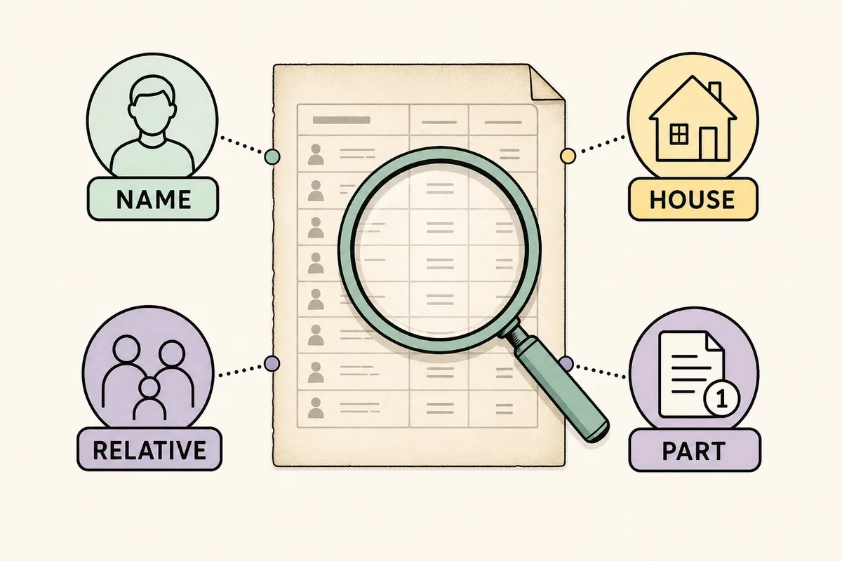 Editorial checklist showing name, relative, house, and part fields to compare in an old voter list