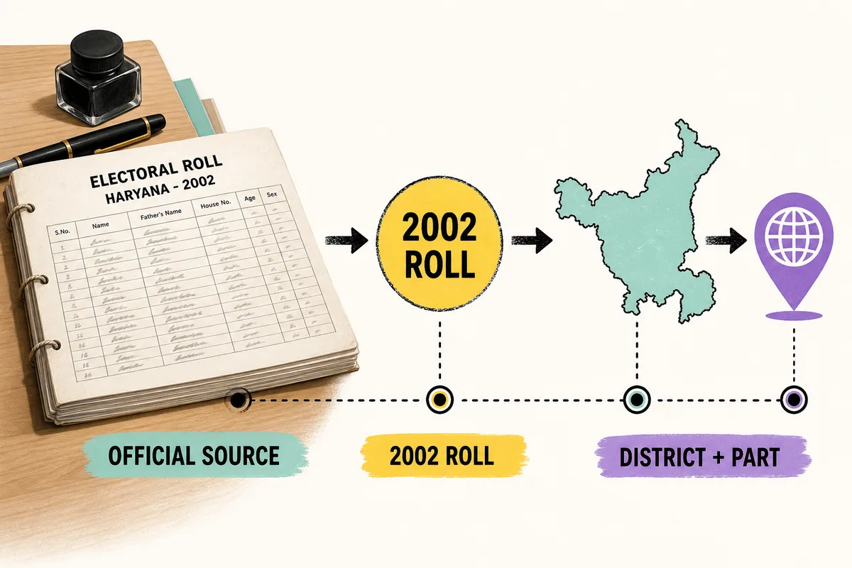 Editorial illustration showing a Haryana 2002 electoral roll checked through an official source and district part route