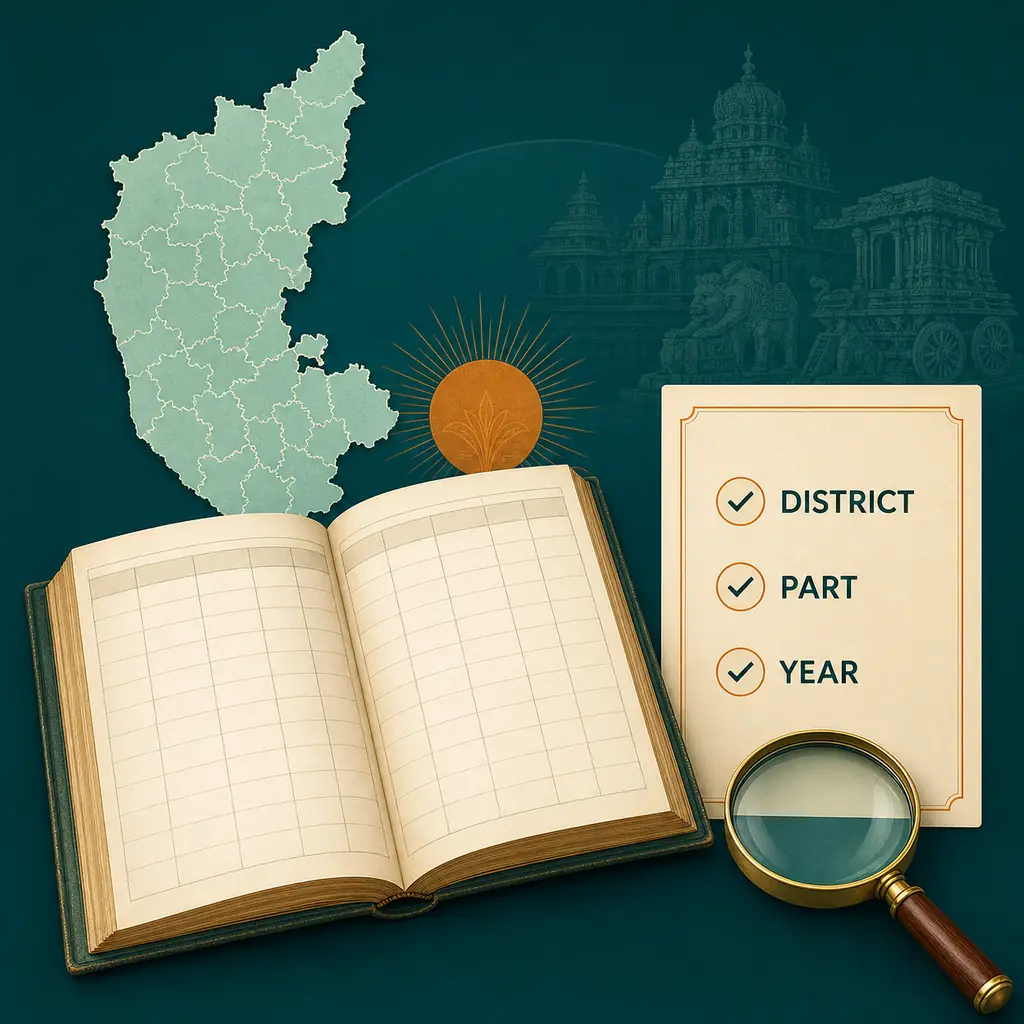 Explanatory illustration showing district, part, and year checks for a Karnataka 2002 voter list