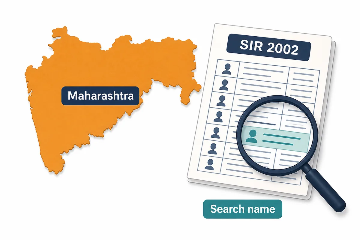 Illustrative Maharashtra map, SIR 2002 electoral roll, and magnifying glass representing an official name-search workflow