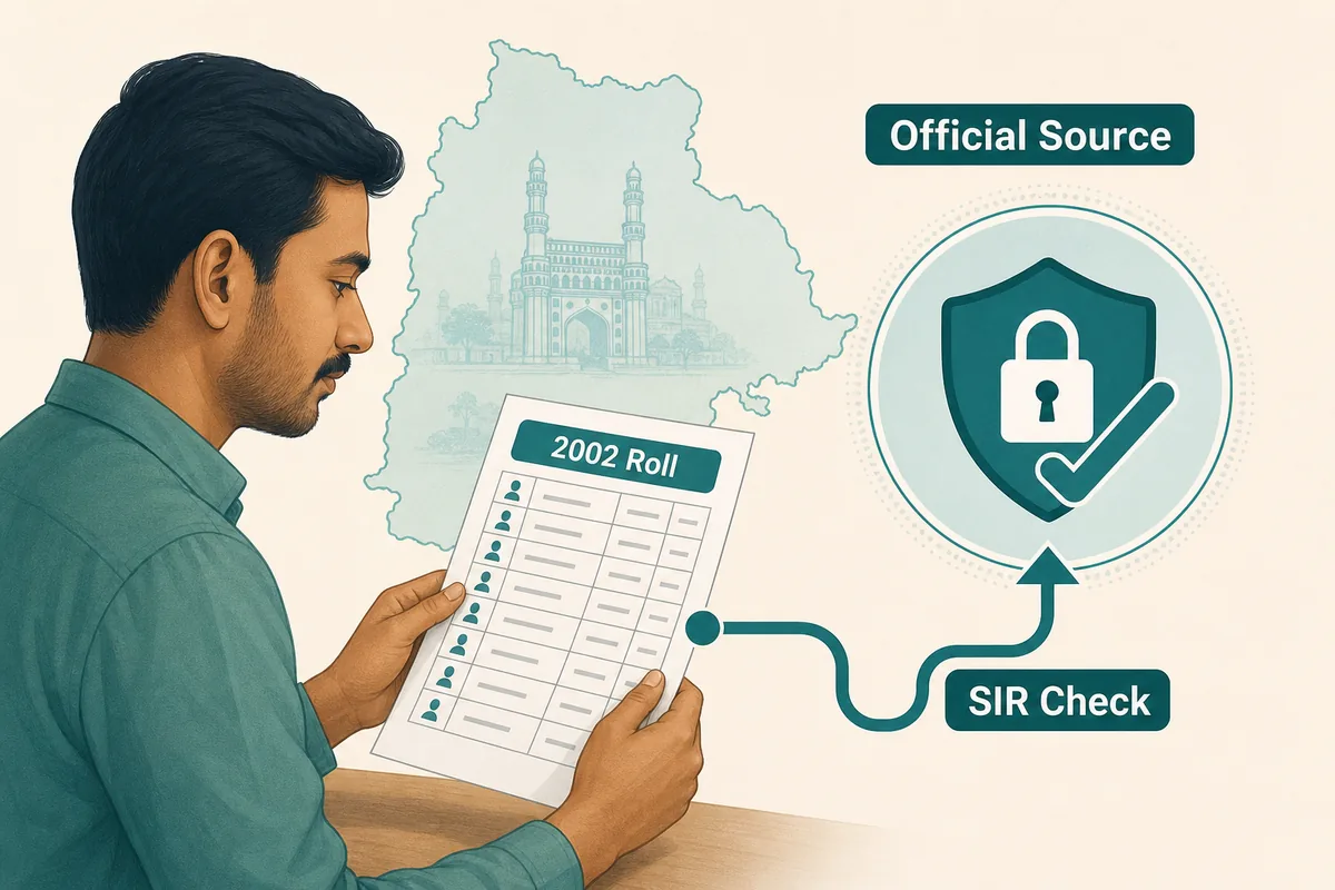 Editorial illustration of a Telangana voter checking an official source, 2002 roll, and SIR verification path