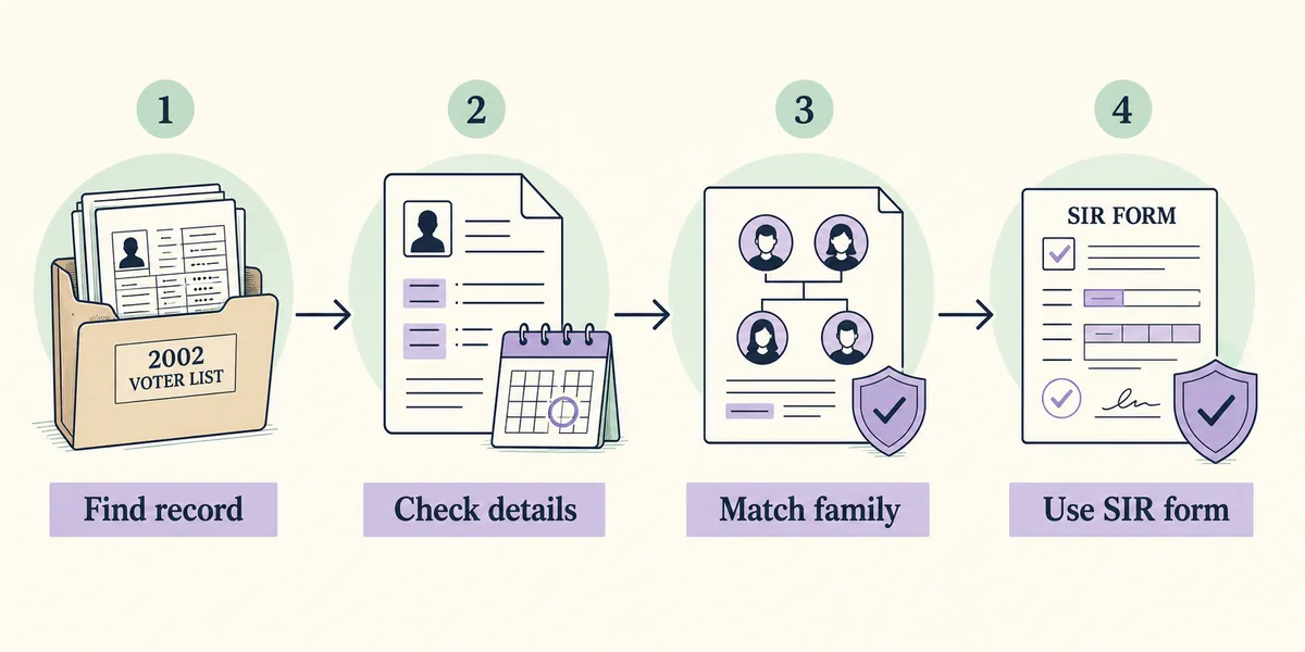 A four step workflow for checking a 2002 voter list before using a SIR form