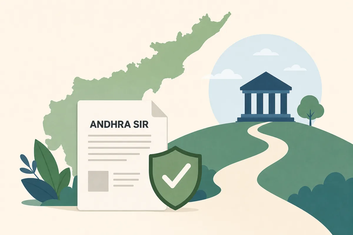 Illustrated Andhra Pradesh SIR source check showing a form, verification shield, and official route