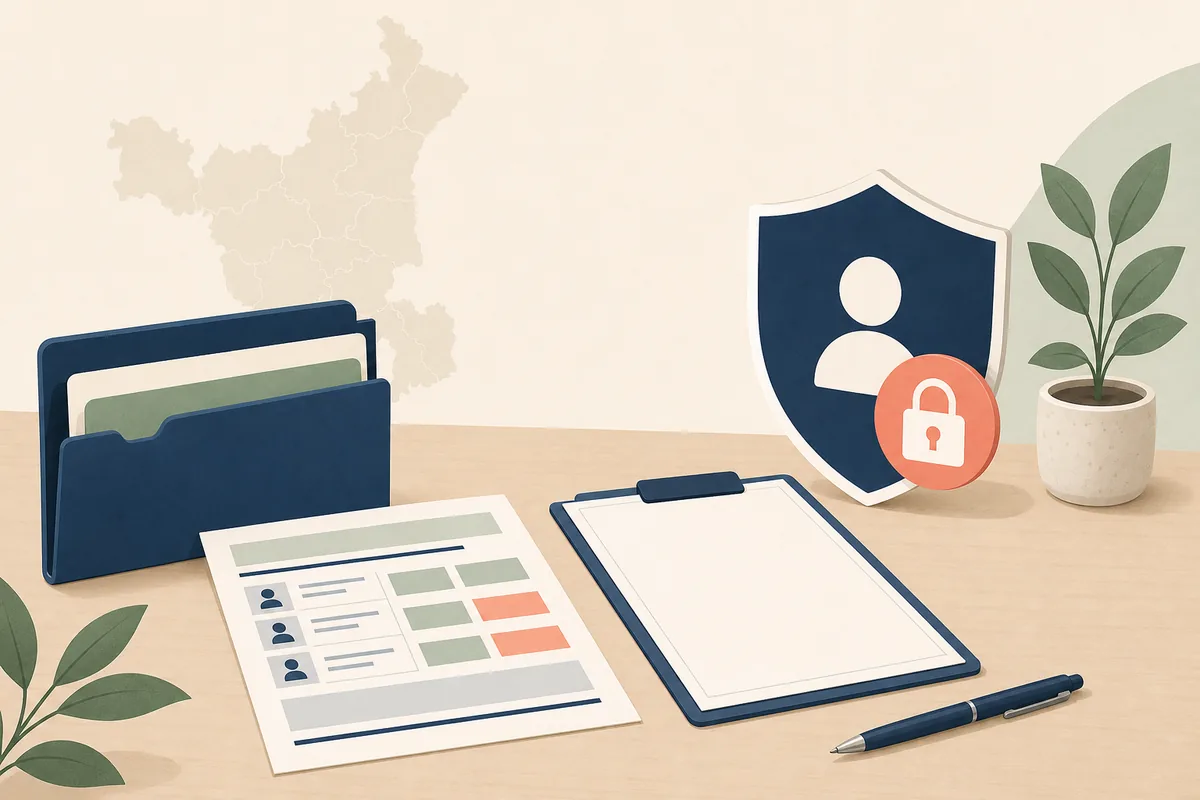 Editorial illustration of Haryana SIR voter details and supporting records protected by a privacy shield