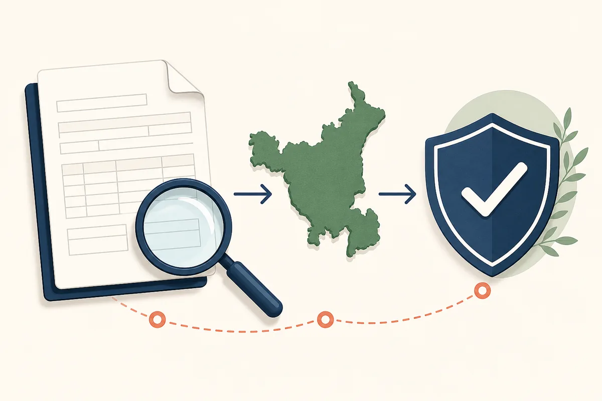 Illustrated Haryana SIR source check showing a form, verification shield, and official route